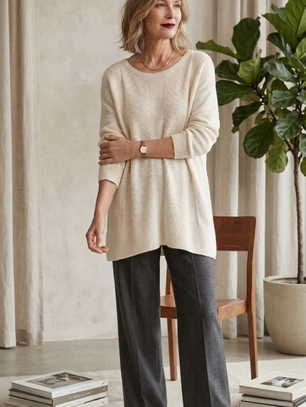 Eileen Fisher 100% Extra Fine Merino Wool Ivory Tunic Sweater Size Large